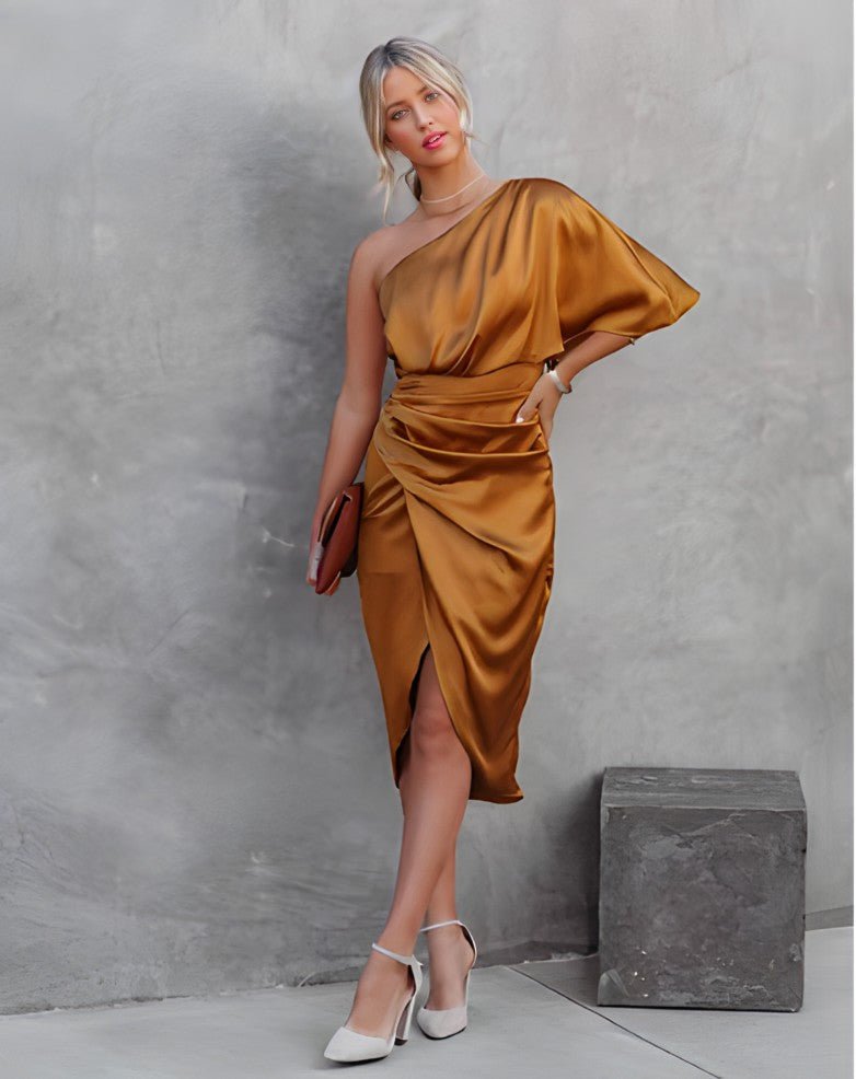Women's Cocktail Satin One-Shoulder Midi Party Dress