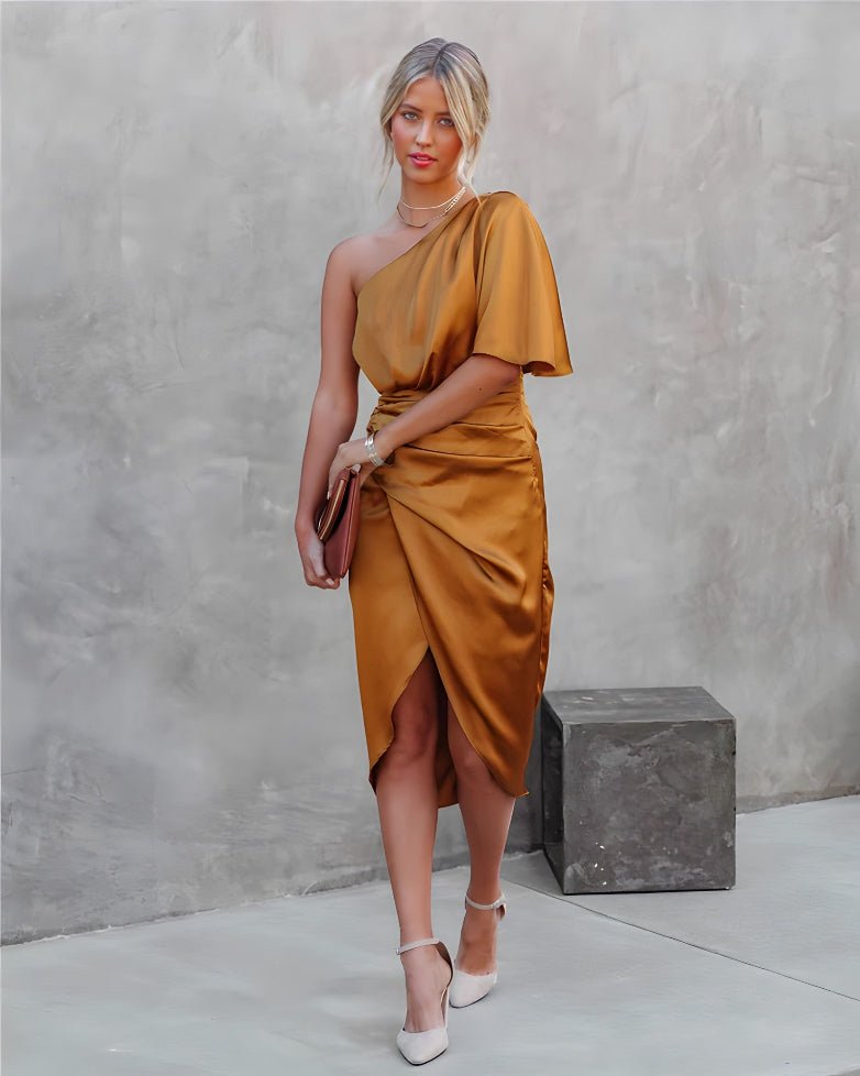 Women's Cocktail Satin One-Shoulder Midi Party Dress