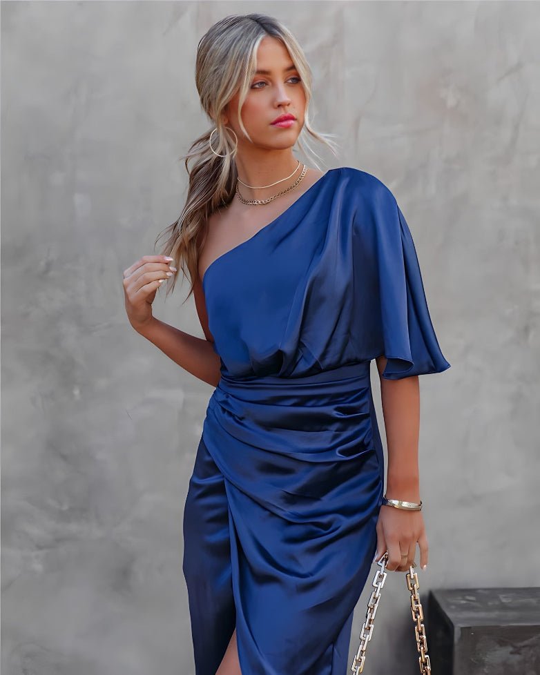 Women's Cocktail Satin One-Shoulder Midi Party Dress - Blue
