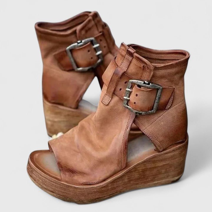 Women's Leather Wedge Ankle Booties - Brown