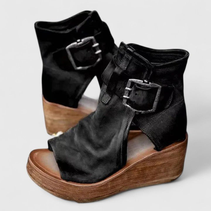 Women's Leather Wedge Ankle Booties - Black