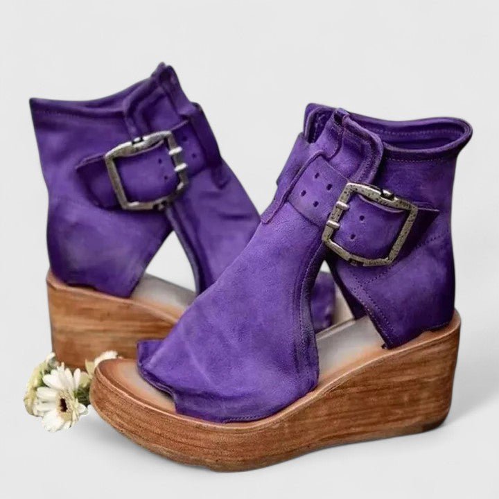Women's Leather Wedge Ankle Booties - Purple