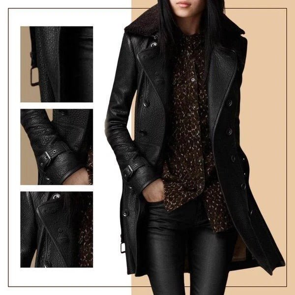 Women's Belted Longline Shearling Leather Trench Coat