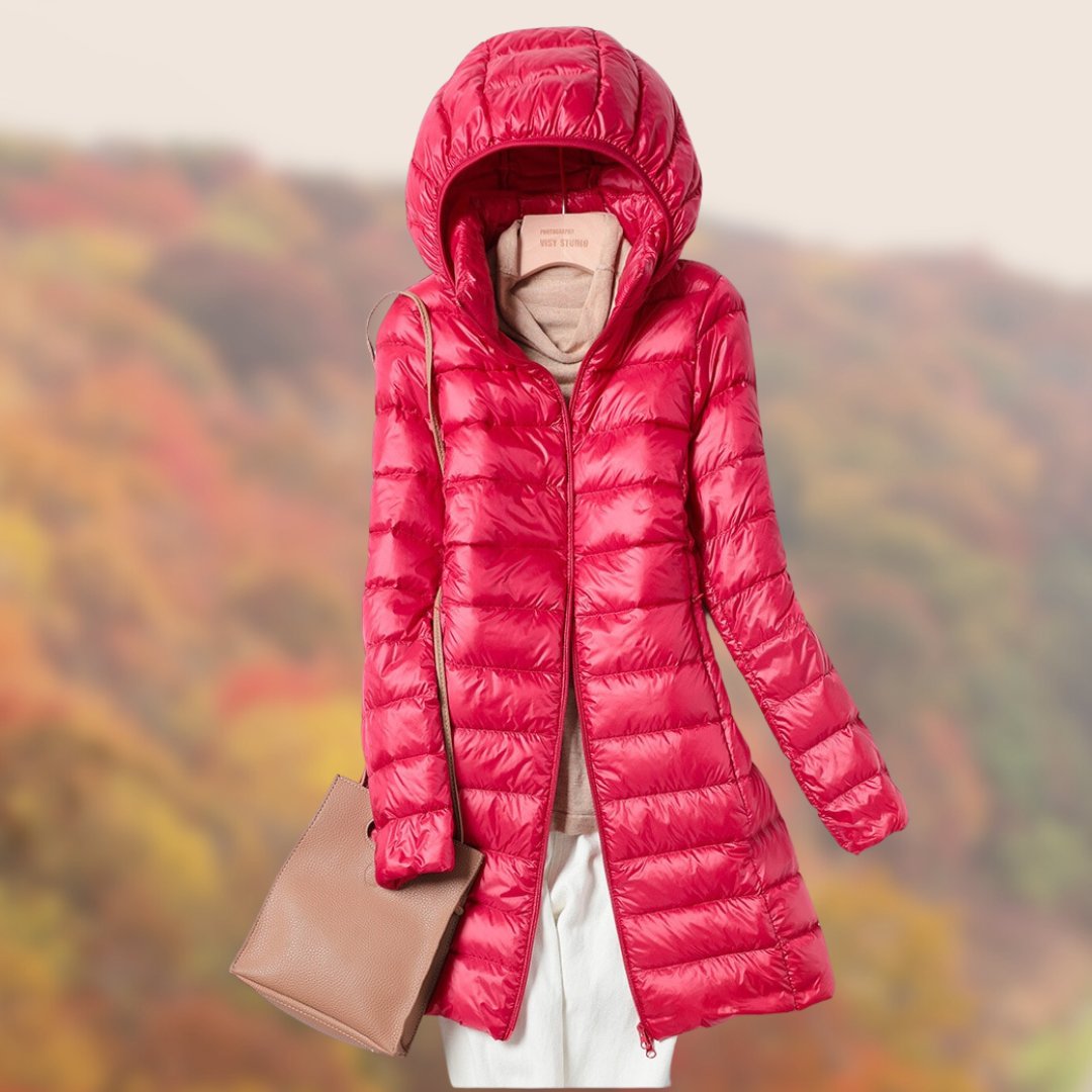 Women's Hooded Longline Puffer Coat - Red