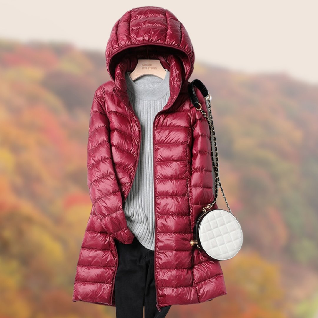 Women's Hooded Longline Puffer Coat - Burgundy