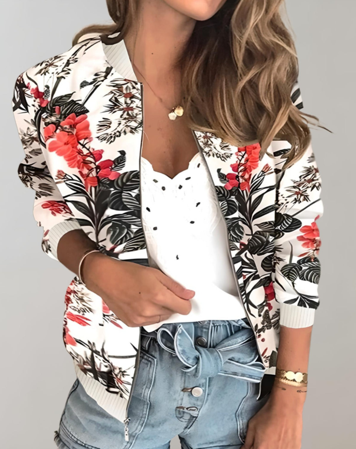 Women's Floral Bomber Jacket - White 2