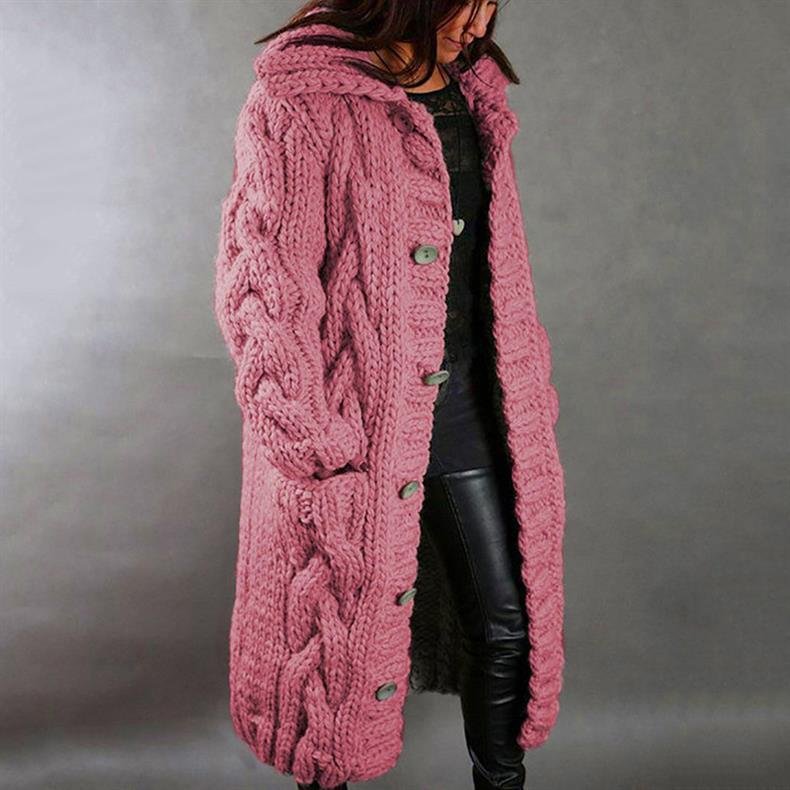 Women's Oversized Cable-Knit Cardigan Hooded Longline Coat - Pink