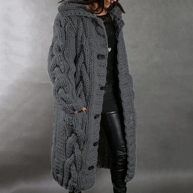 Women's Oversized Cable-Knit Cardigan Hooded Longline Coat - Dark Gray