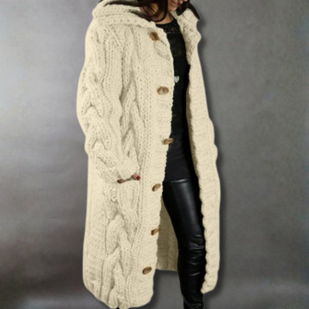 Women's Oversized Cable-Knit Cardigan Hooded Longline Coat - Beige