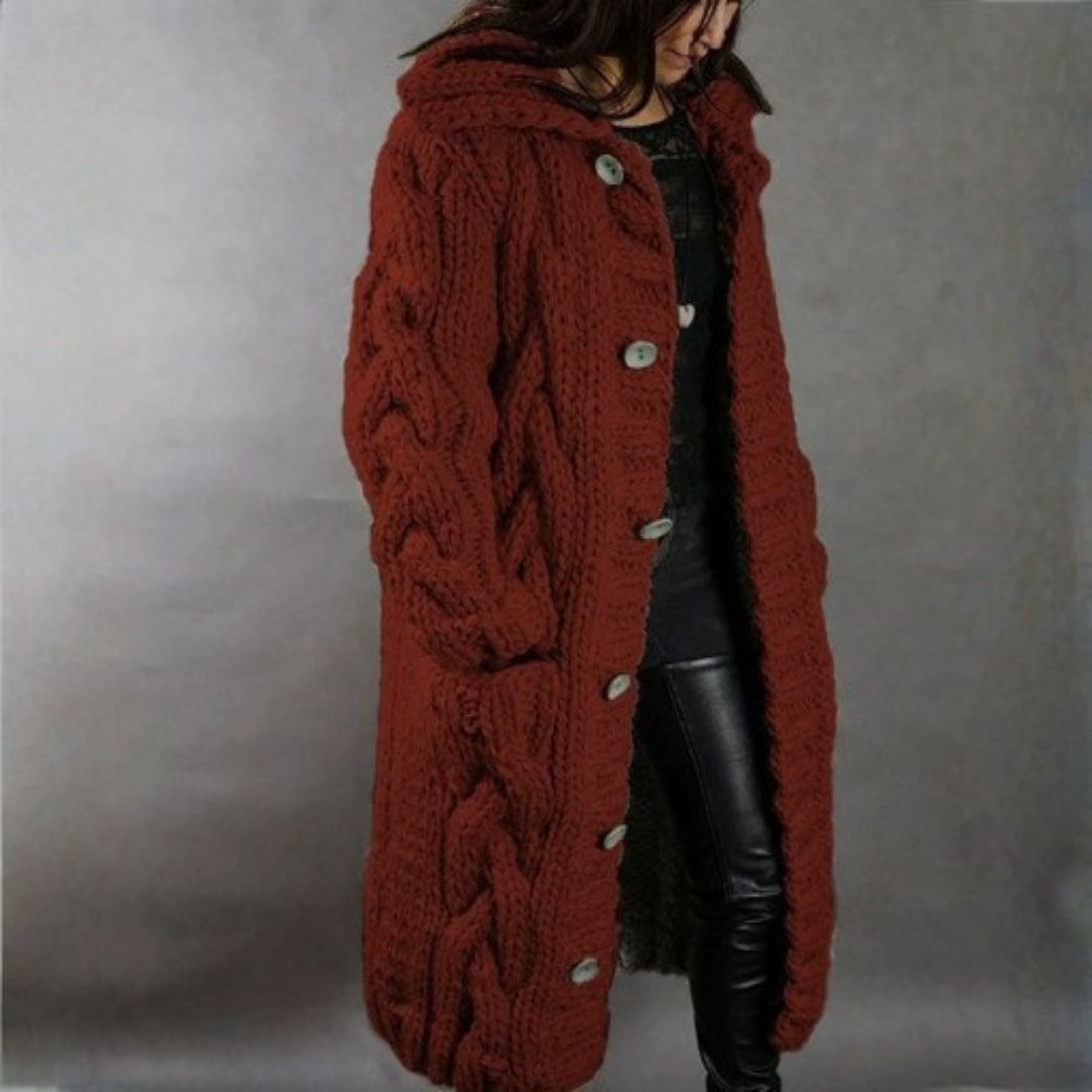 Women's Oversized Cable-Knit Cardigan Hooded Longline Coat - Red