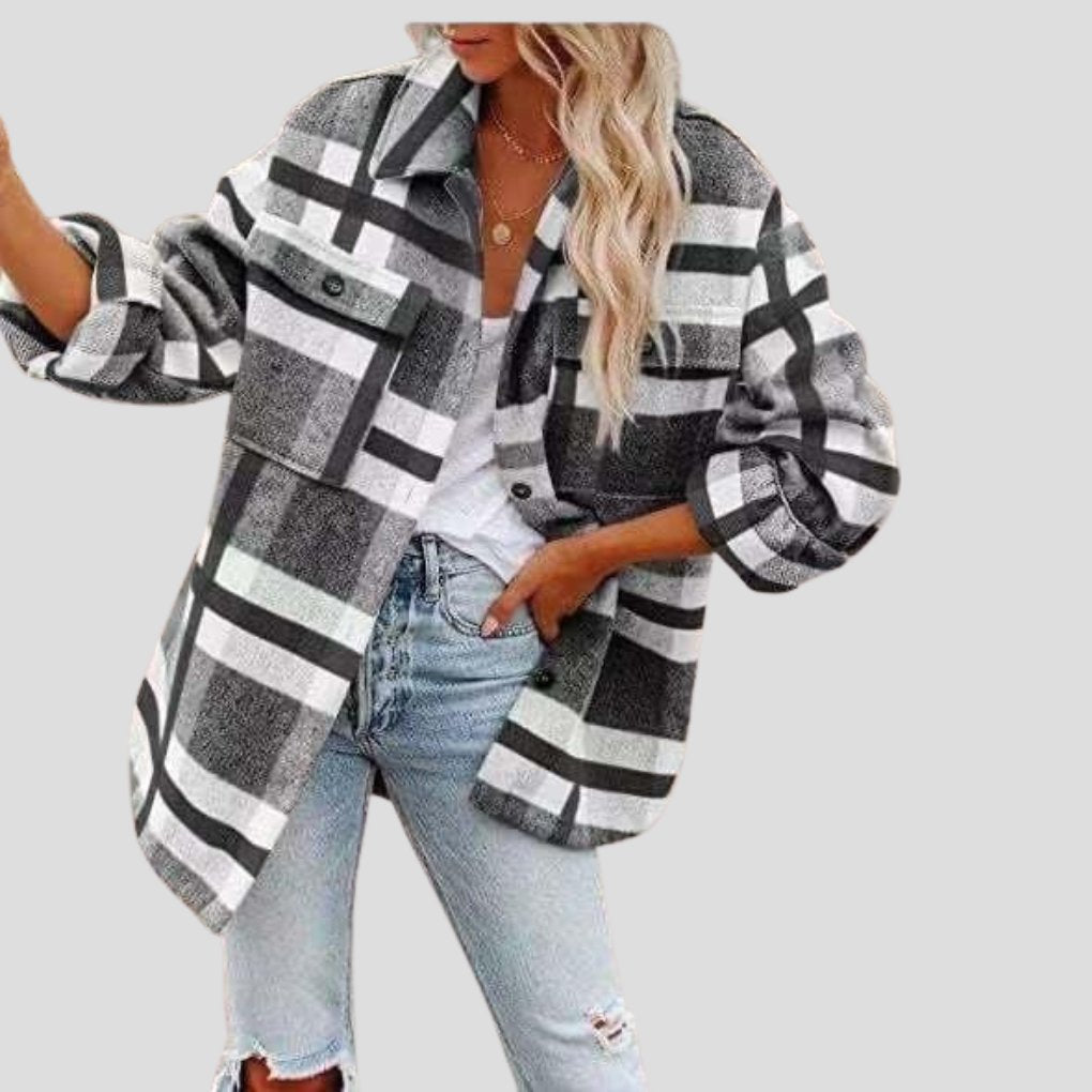 Women's Plaid Oversized Shacket - Gray