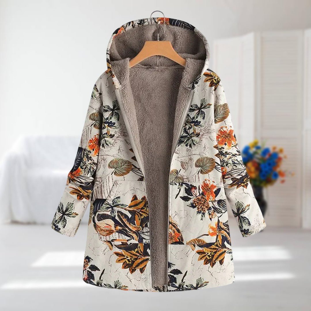 Women's Floral Parka Hooded Teddy Coat - Beige