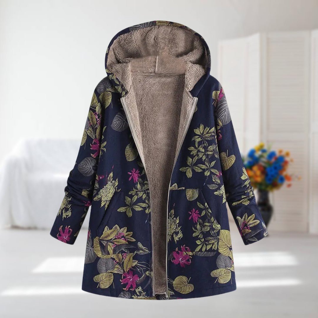 Women's Floral Parka Hooded Teddy Coat - Dark Blue