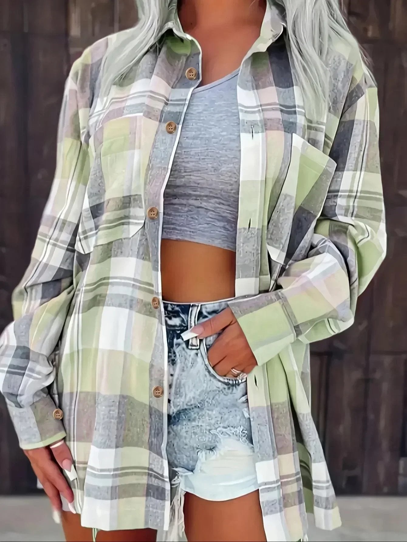 Women's Oversized Plaid Shacket - Green