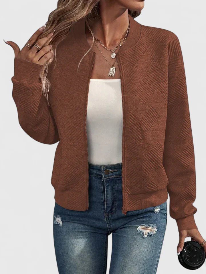 Women's Cropped Knit Bomber Jacket - Caramel Brown
