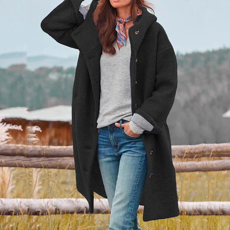 Women's Oversized Hooded Longline Wool Coat - Black