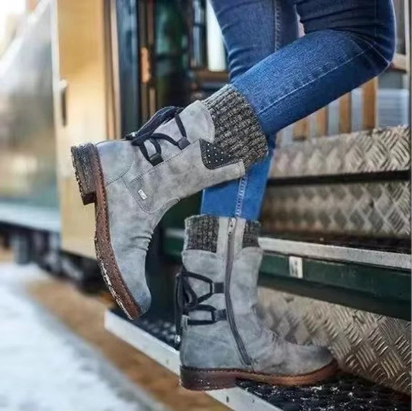 Women's Leather Mid-Calf Boots - Gray