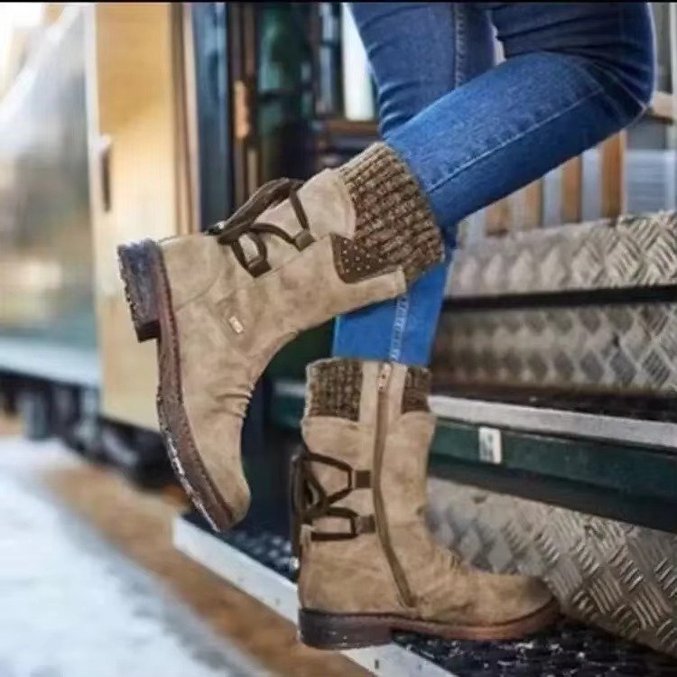 Women's Leather Mid-Calf Boots - Khaki