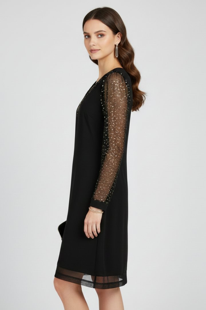 Women's Black Mesh-Sleeve Sequin Long Sleeve Party Shift Dress