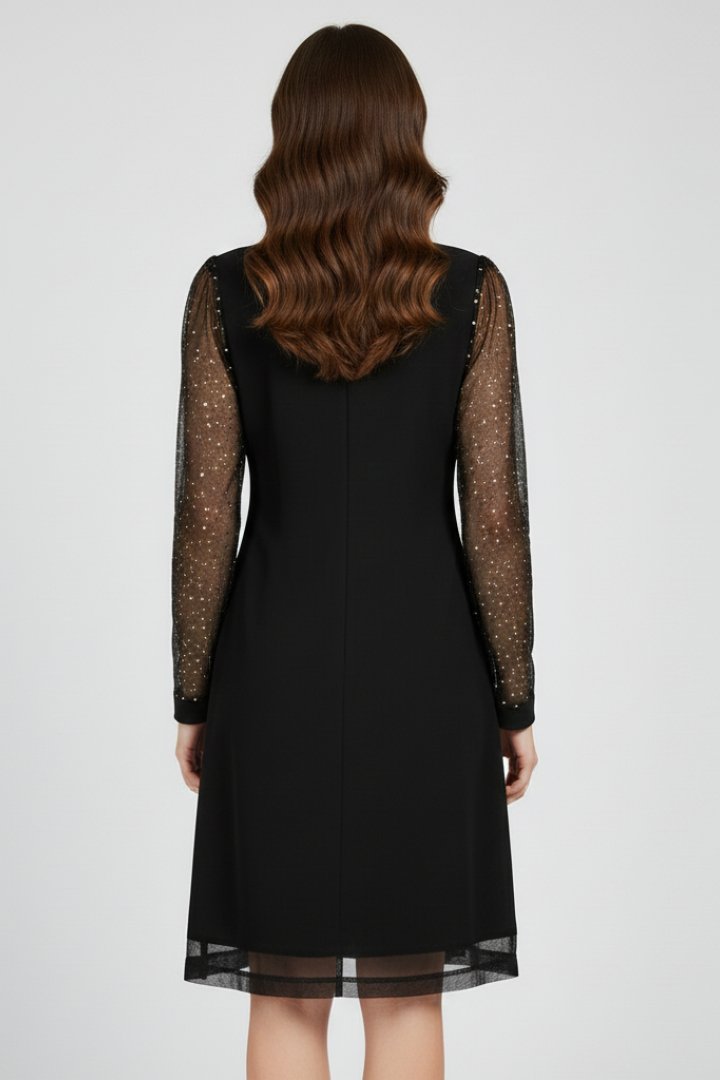 Women's Black Mesh-Sleeve Sequin Long Sleeve Party Shift Dress