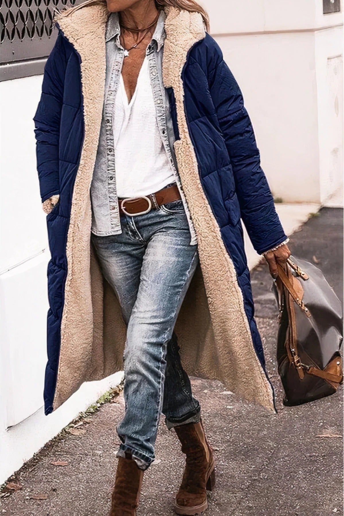 Women's Oversized Maxi Hooded Longline Teddy Puffer Coat - Navy Blue
