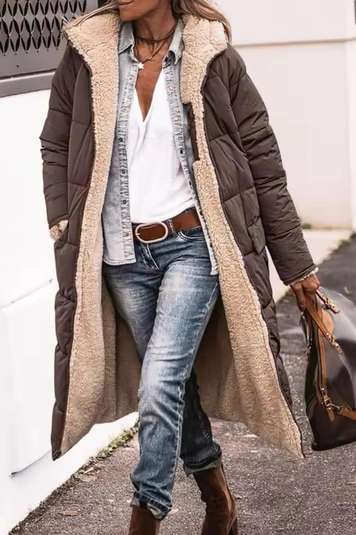 Women's Oversized Maxi Hooded Longline Teddy Puffer Coat - Brown