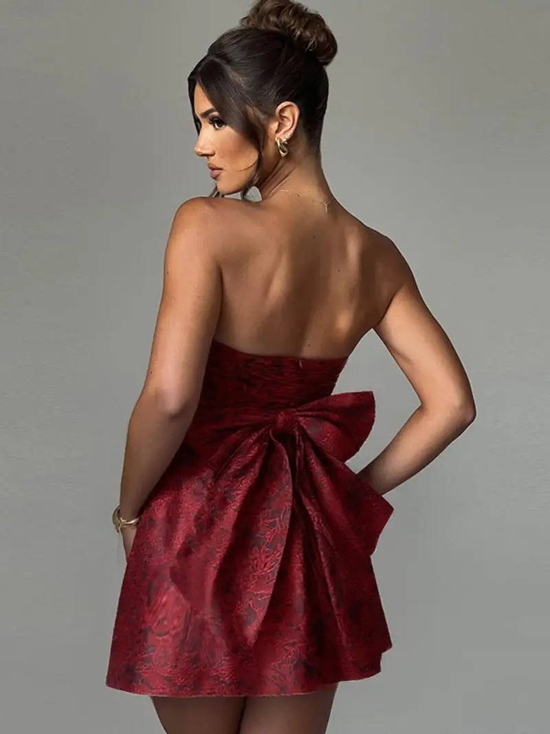 Women's Floral Jacquard Cocktail Strapless Mini Party Dress - Burgundy