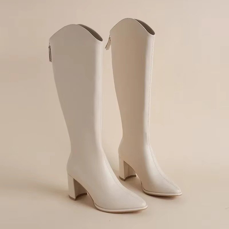 Women's Faux Leather Knee-High Boots - Beige