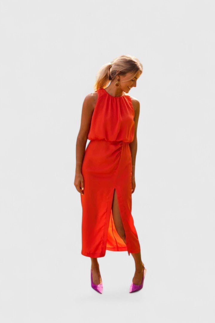 Women's Party Satin Halter Midi Dress - Orange