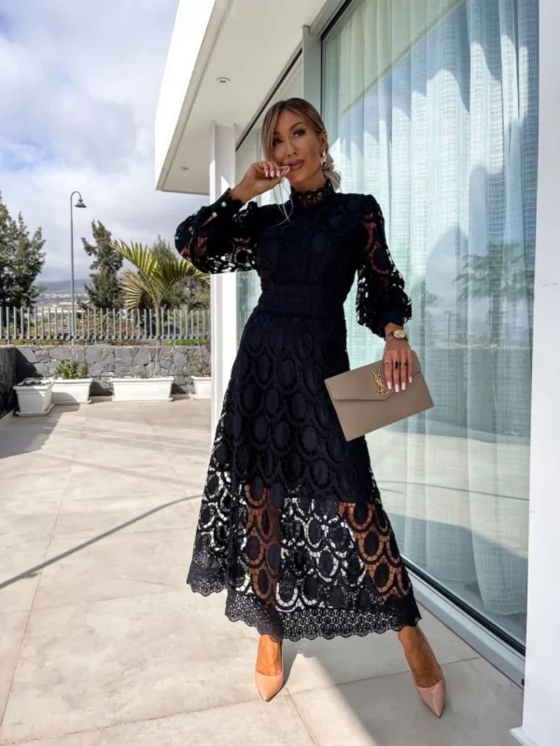 Women's Cocktail Lace Midi Party Dress - Black