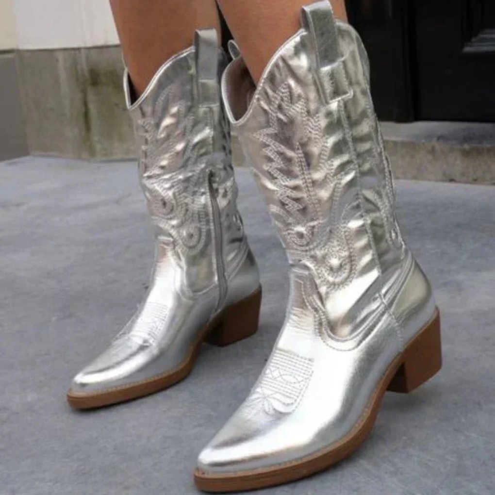 Women's Faux Leather Western Cowboy Knee-High Boots - Silver