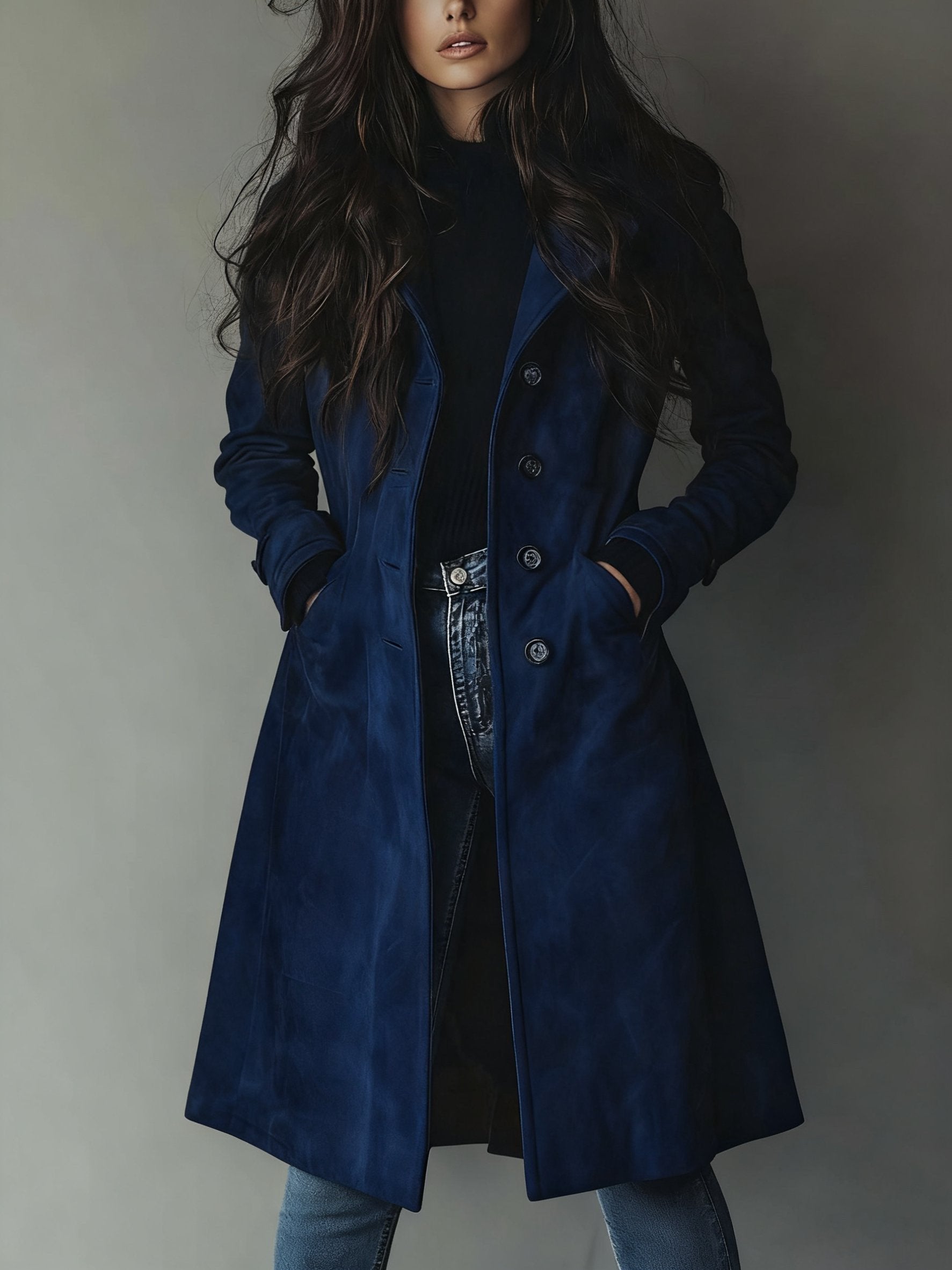Women's Suede Longline Trench Coat - Dark Blue