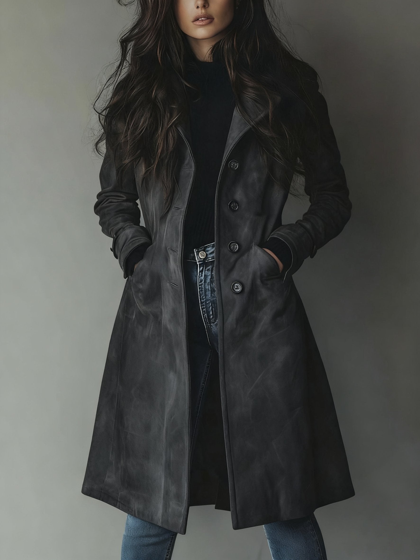 Women's Suede Longline Trench Coat - Dark Gray