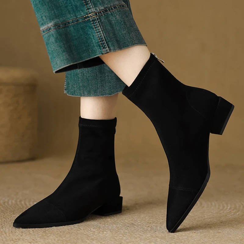 Women's Suede Pointed-Toe Ankle Boots - Black