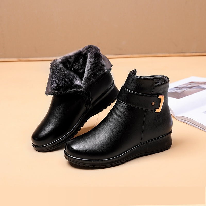 Women's Faux Leather Winter Ankle Boots - Black
