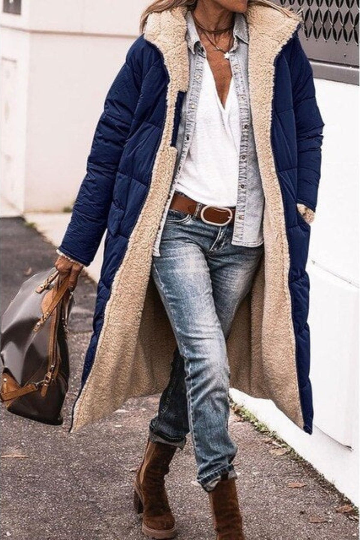 Women's Oversized Longline Teddy Puffer Coat - Navy Blue