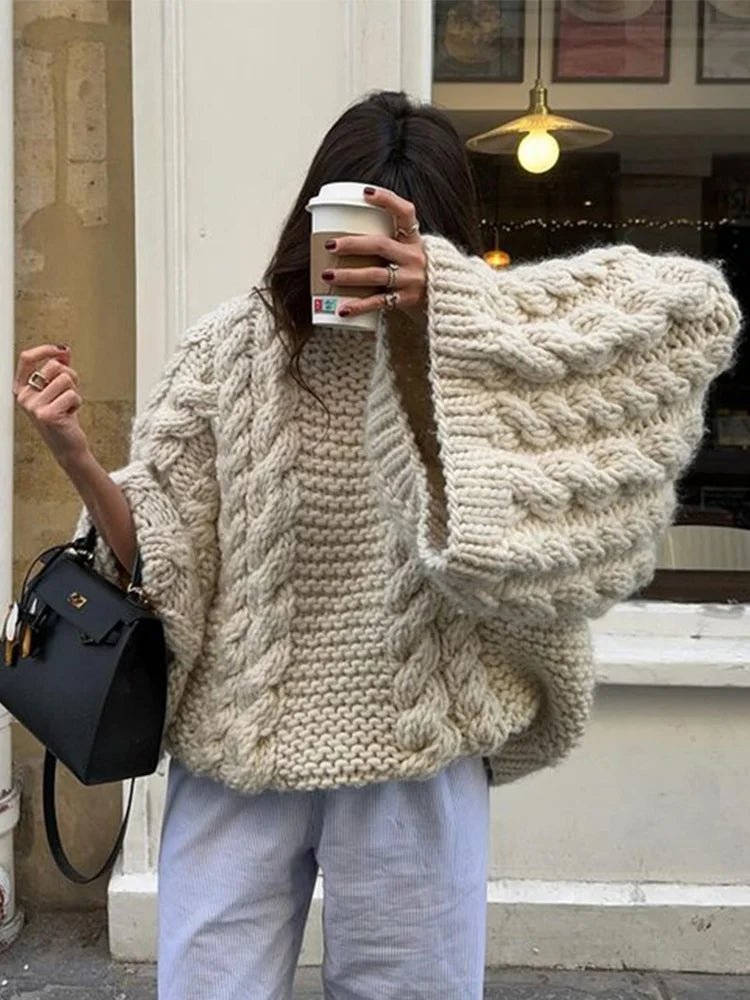 Women's Chunky Oversized Cable Knit Wool Mini Jumper Dress - White