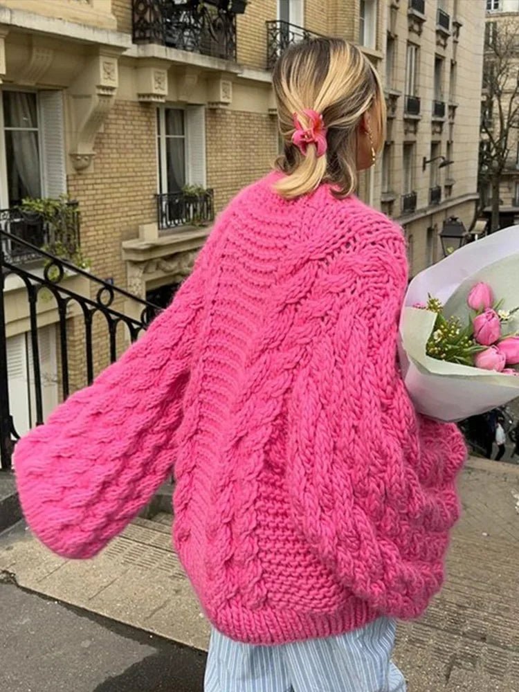Women's Chunky Oversized Cable Knit Wool Mini Jumper Dress - Pink