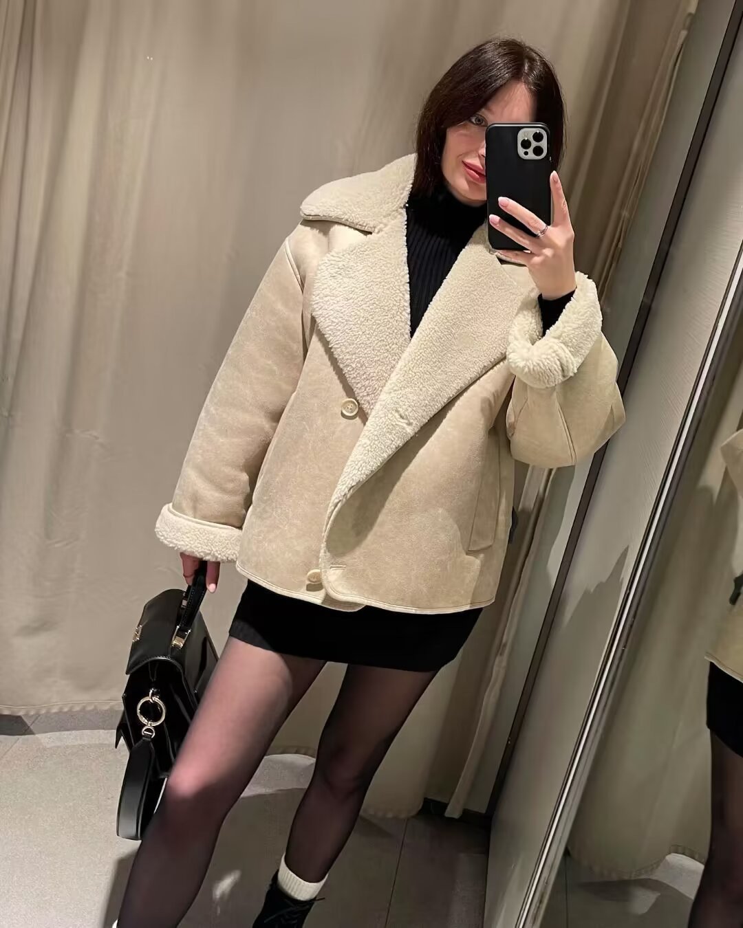 Women's Oversized Suede Moto Teddy Leather Jacket