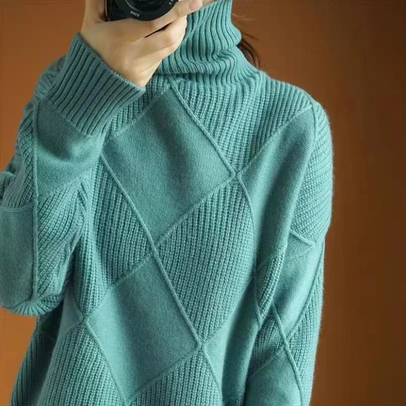 Women's Chunky Argyle Cashmere Roll Neck Jumper - Green