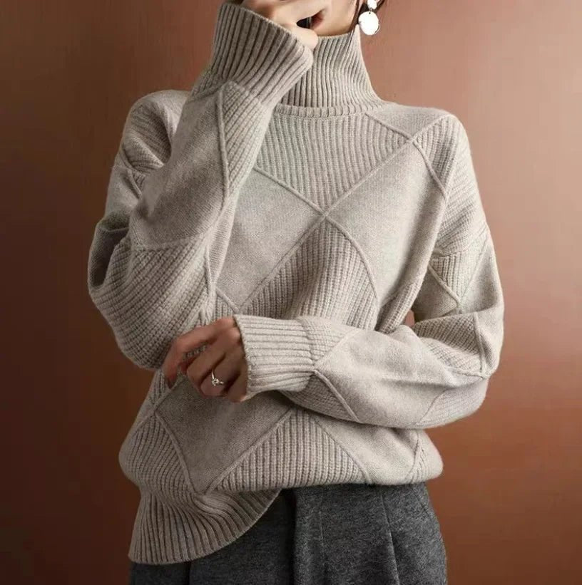 Women's Chunky Argyle Cashmere Roll Neck Jumper - Khaki