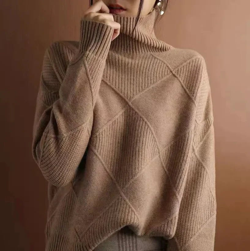 Women's Chunky Argyle Cashmere Roll Neck Jumper - Coffee