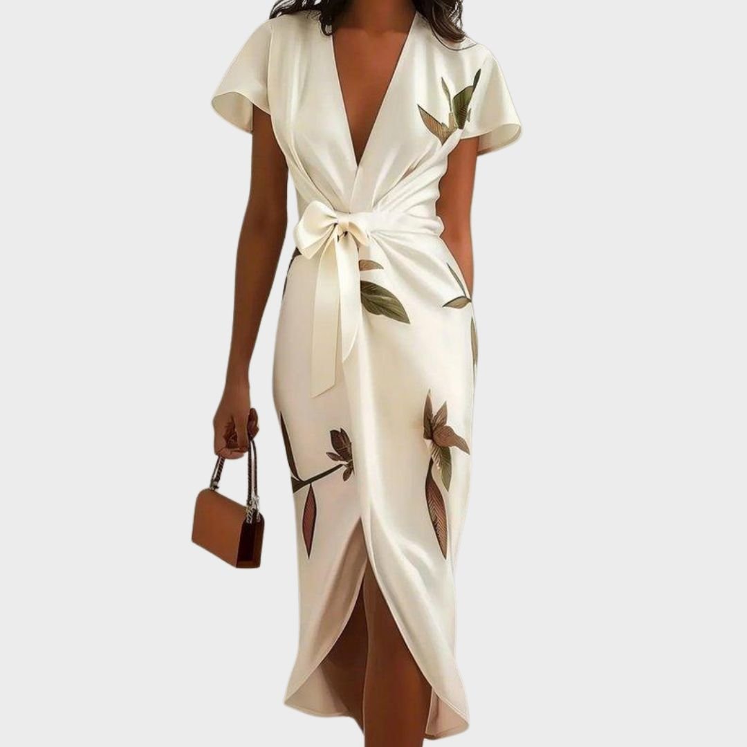Women's Floral Satin Wrap Midi Party Dress