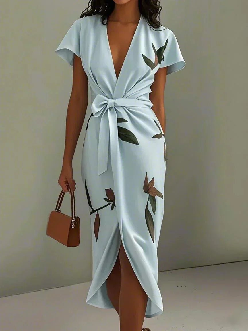 Women's Floral Satin Wrap Midi Party Dress - Light Blue