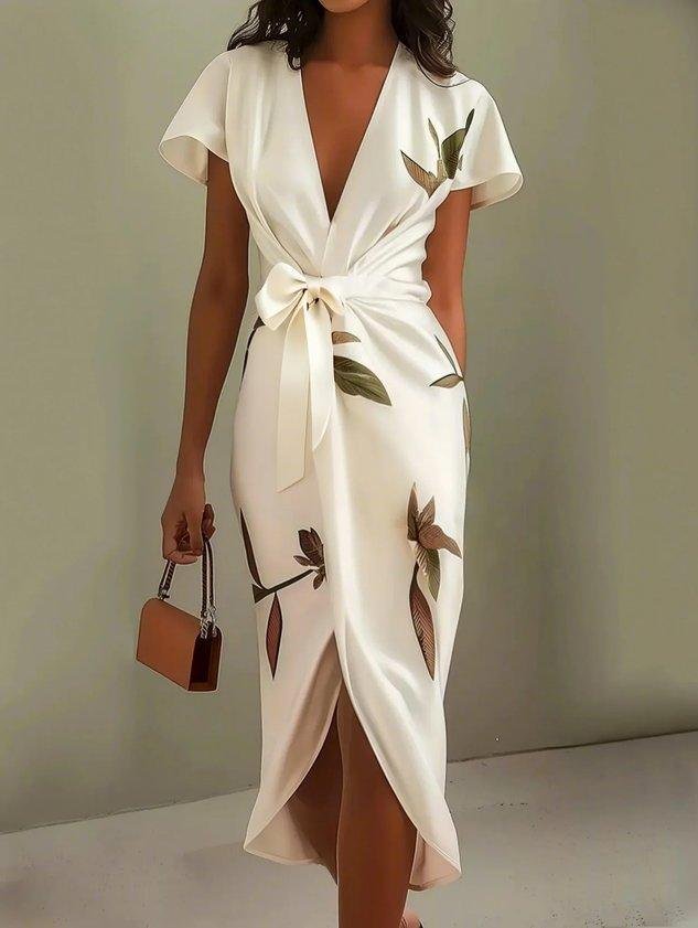 Women's Floral Satin Wrap Midi Party Dress - White