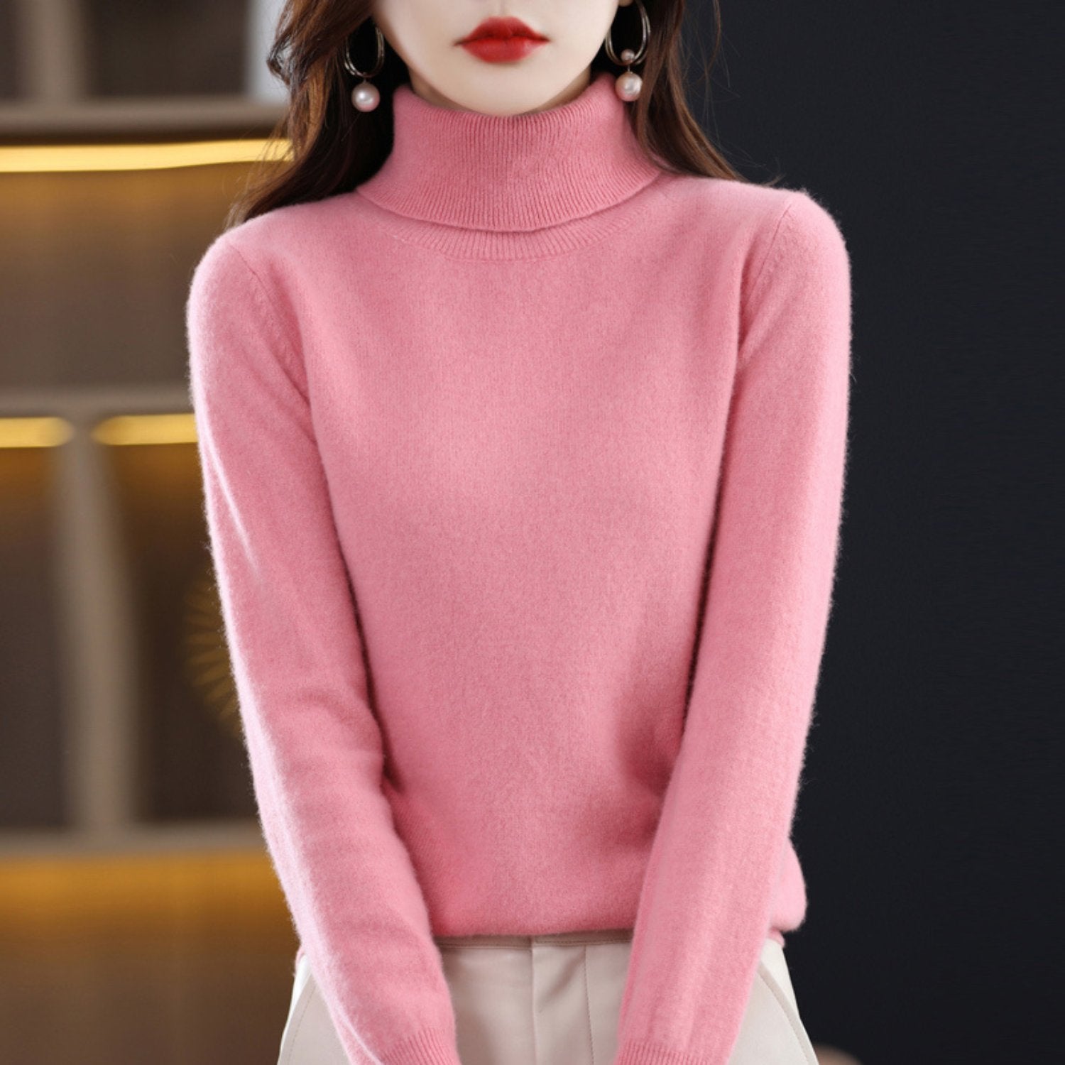 Women's Slim Cashmere Wool Roll Neck Jumper - Pink