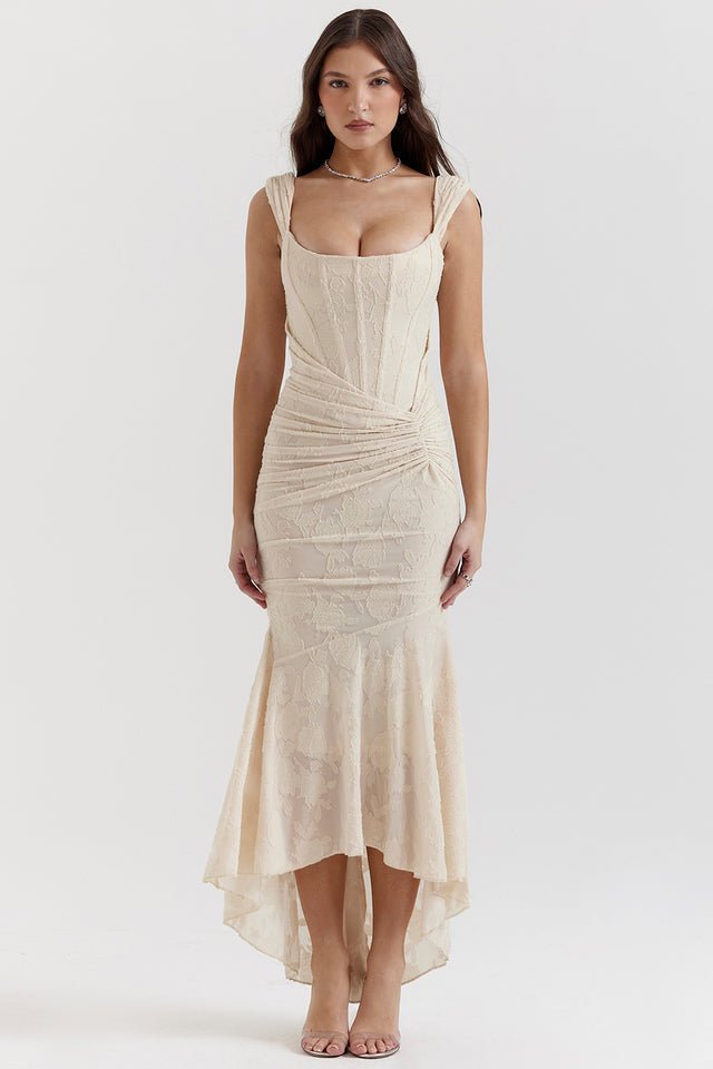 Women's Floral Bodycon Party Gown - Beige