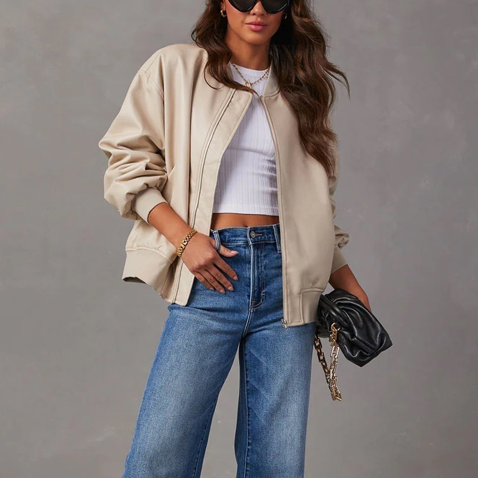 Women's Oversized Faux Leather Bomber Jacket