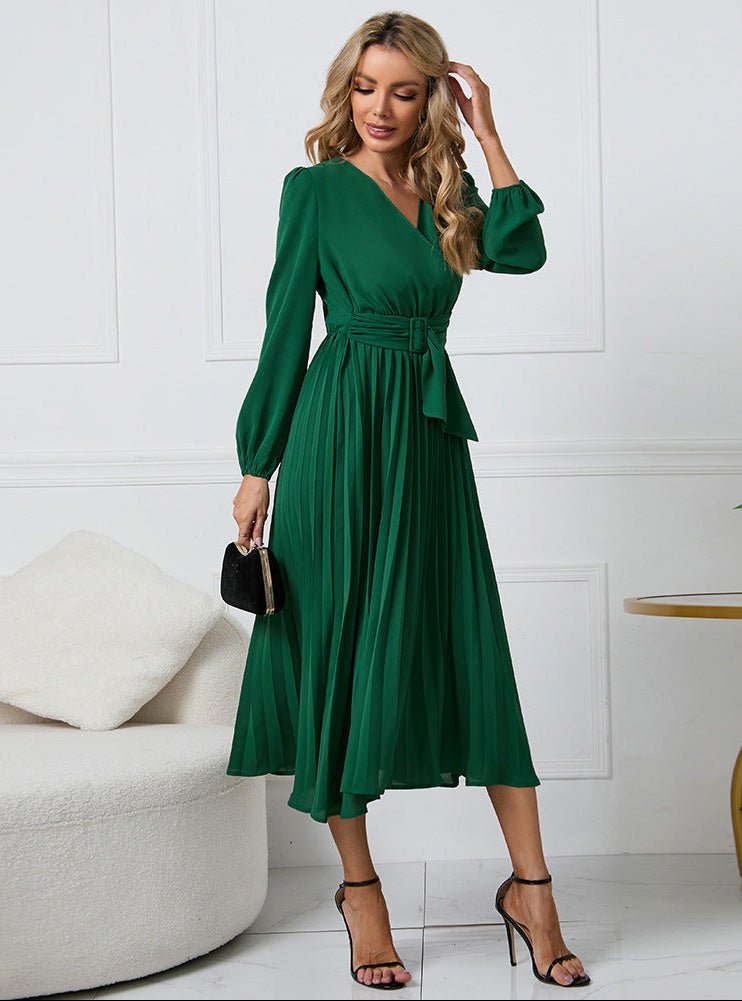 Women's Pleated Chiffon Cocktail Long Sleeve Midi Party Dress - Green