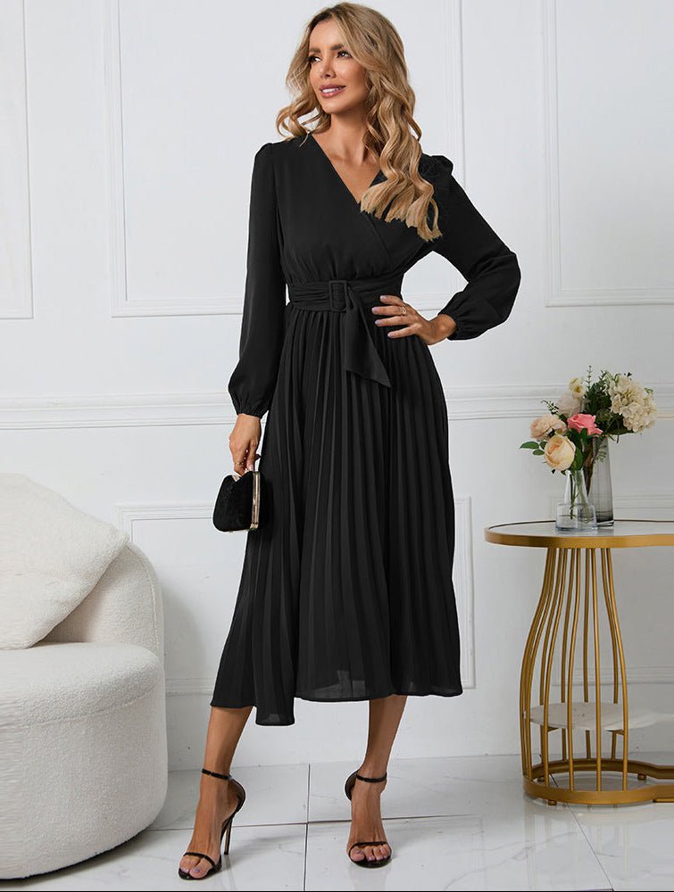 Women's Pleated Chiffon Cocktail Long Sleeve Midi Party Dress - Black